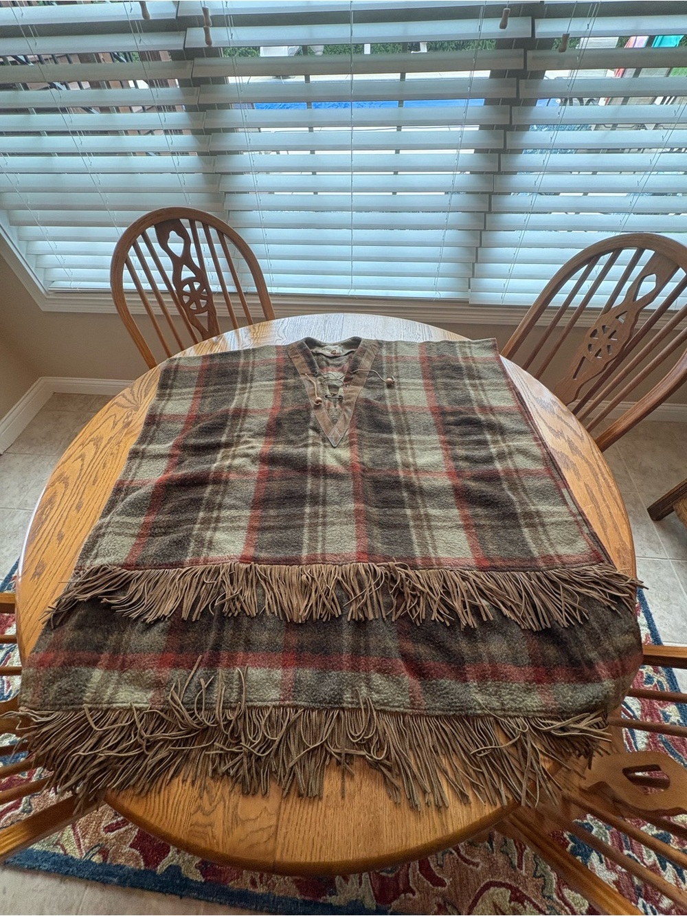 Pioneer Wear Brown Tan Plaid Wool Leather Fringe Trim Poncho L Vintage Western